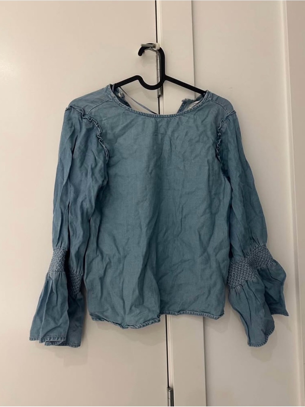 Zara Light Blue Chambray Smocked Bell Sleeve Blouse